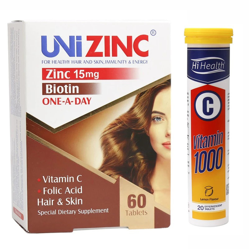 مجموعه قرص Uni Zink بسته 60 عددی به همراه قرص جوشان ویتامین C 1000