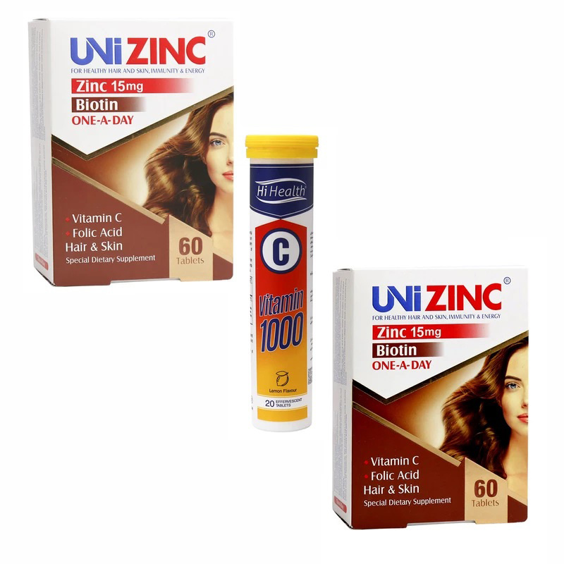 مجموعه قرص Uni Zink به همراه قرص جوشان ویتامین C 1000